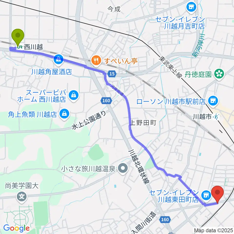 西川越駅から川越DEPARTUREへのルートマップ地図
