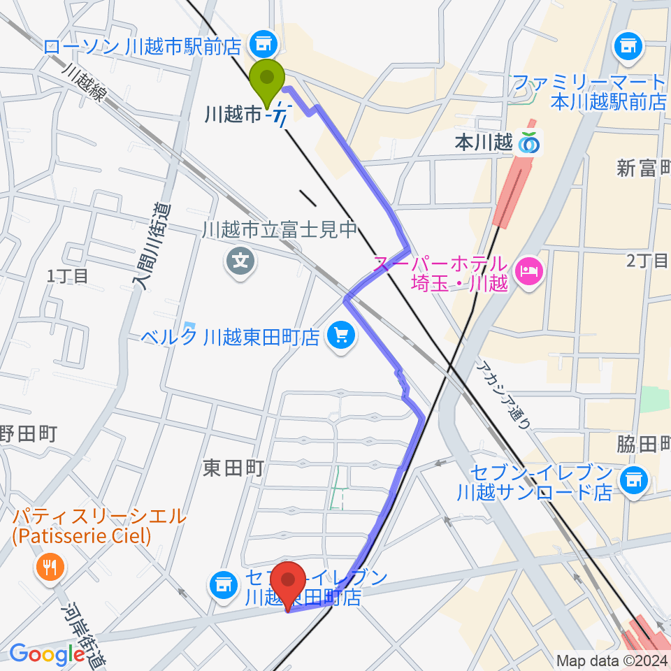 川越DEPARTUREの最寄駅川越市駅からの徒歩ルート（約12分）地図