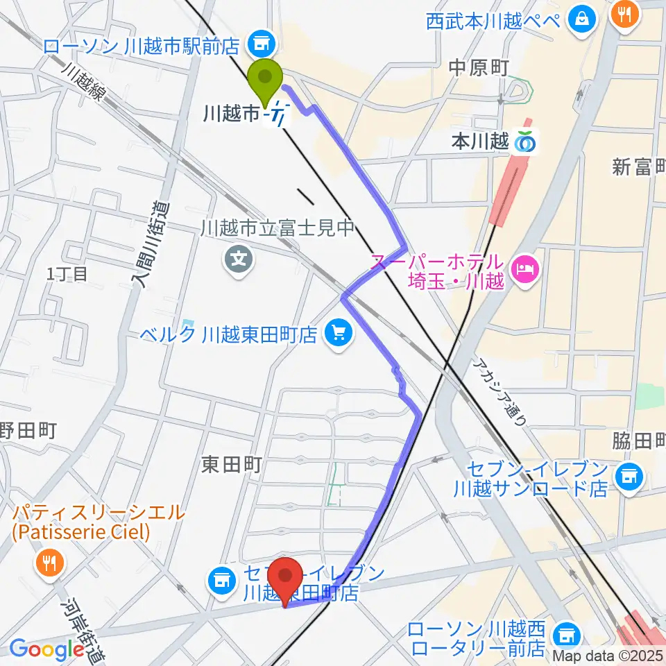 川越市駅から川越DEPARTUREへのルートマップ地図