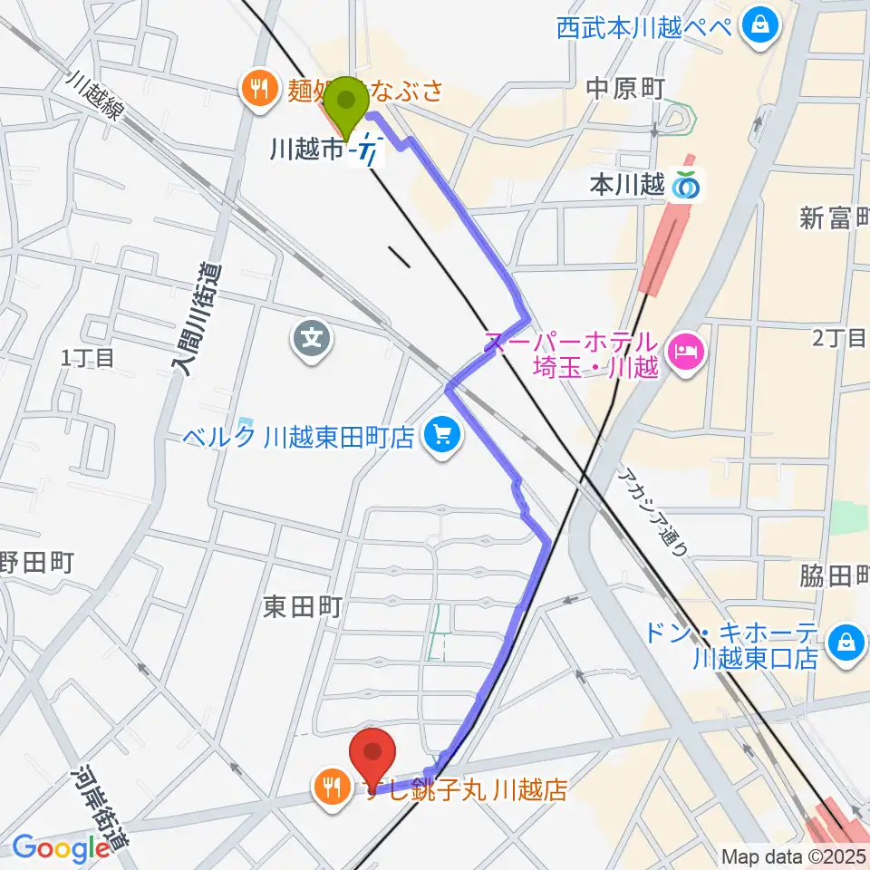 川越市駅から川越DEPARTUREへのルートマップ地図