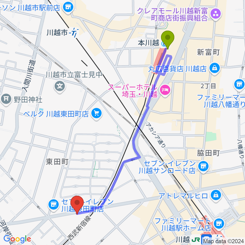 本川越駅から川越DEPARTUREへのルートマップ地図