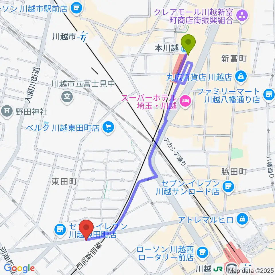本川越駅から川越DEPARTUREへのルートマップ地図