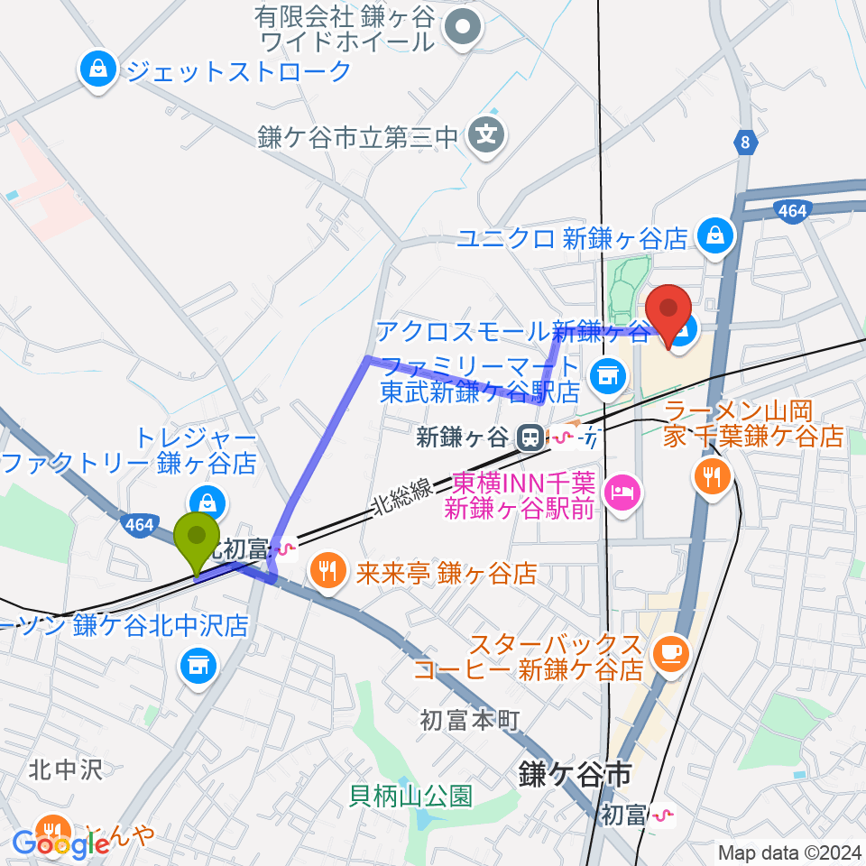 北初富駅から伊藤楽器 新鎌ヶ谷センターへのルートマップ地図