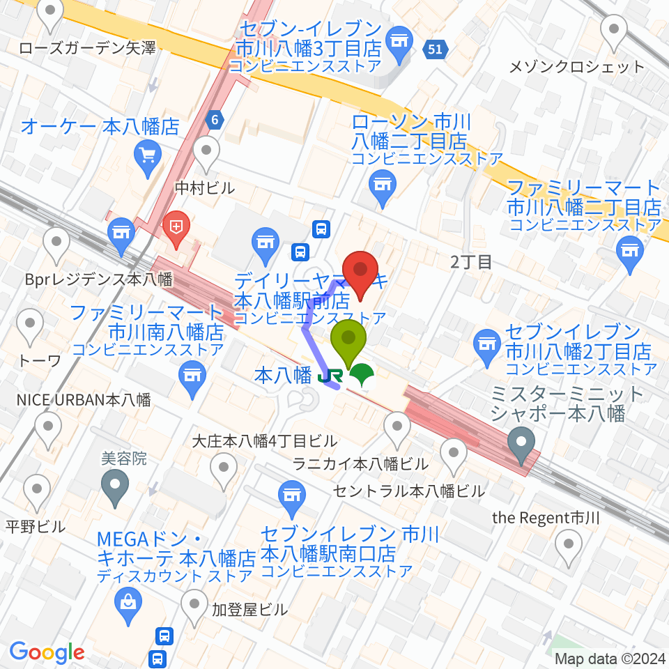 伊藤楽器 本八幡センターの最寄駅本八幡駅からの徒歩ルート（約1分）地図