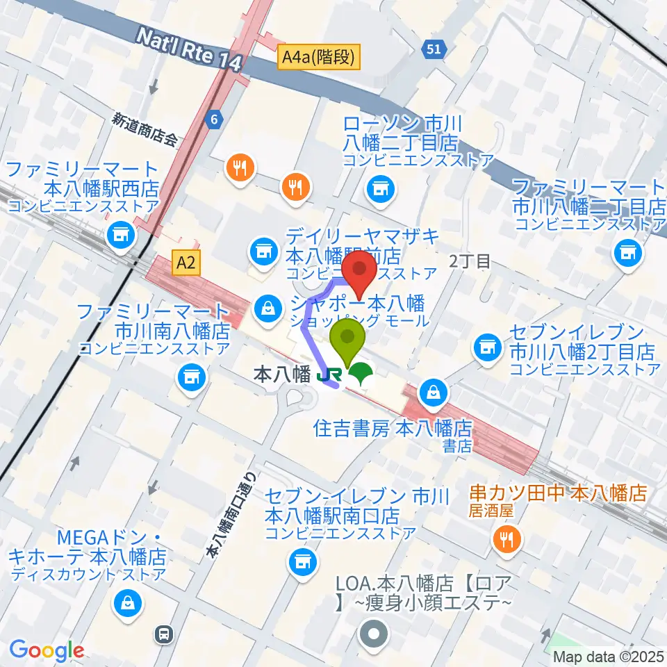 伊藤楽器 本八幡センターの最寄駅本八幡駅からの徒歩ルート（約1分）地図