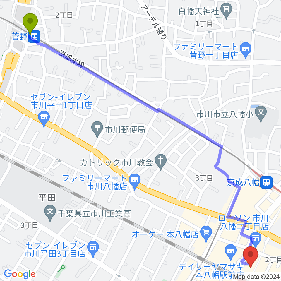 菅野駅から伊藤楽器 本八幡センターへのルートマップ地図