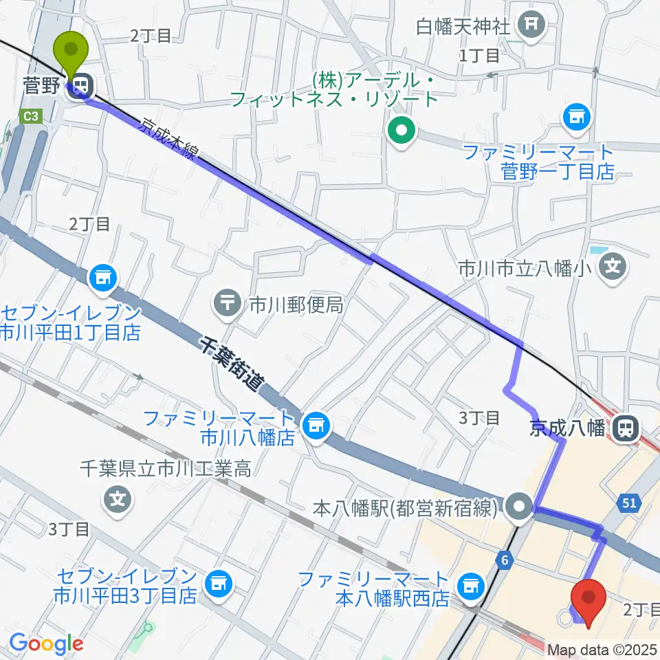 菅野駅から伊藤楽器 本八幡センターへのルートマップ地図