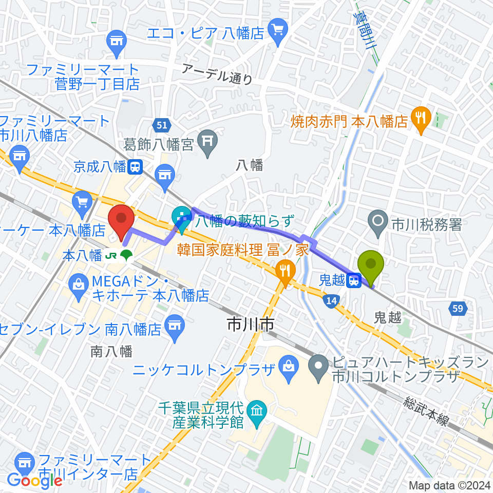 鬼越駅から伊藤楽器 本八幡センターへのルートマップ地図