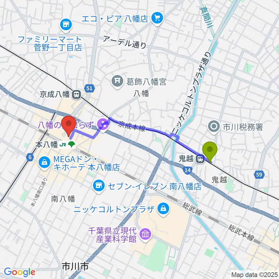 鬼越駅から伊藤楽器 本八幡センターへのルートマップ地図