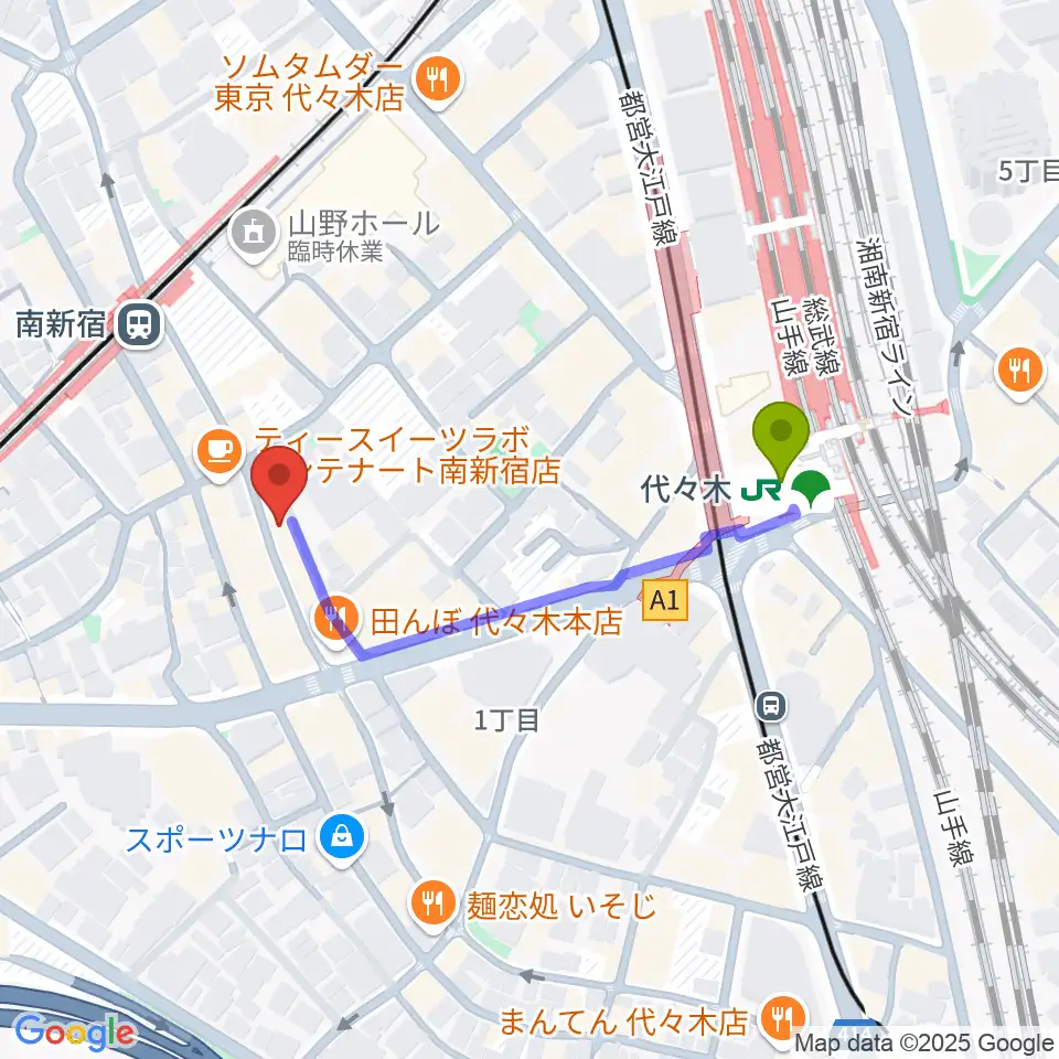 代々木駅から代々木アルティカセブンへのルートマップ地図