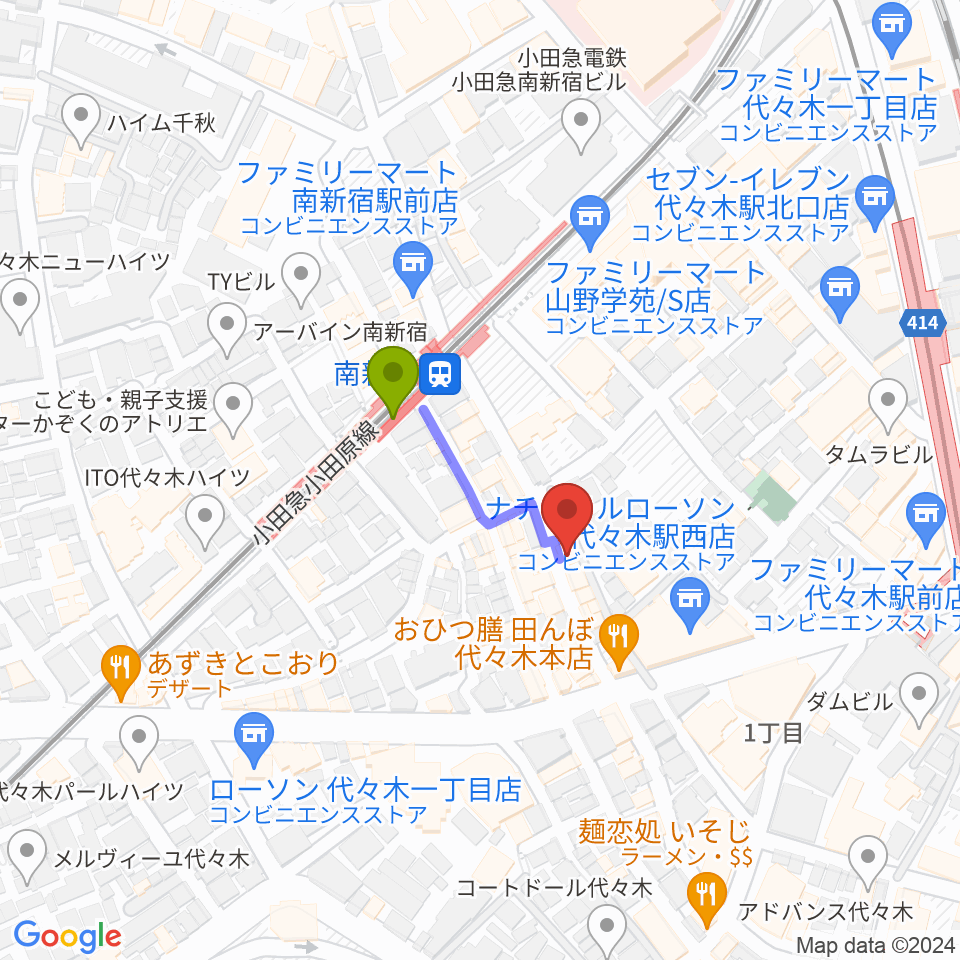 代々木アルティカセブンの最寄駅南新宿駅からの徒歩ルート（約2分）地図