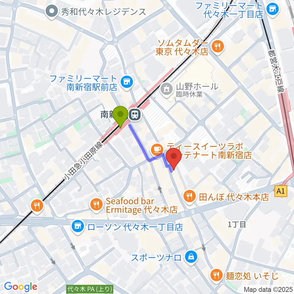 代々木アルティカセブンの最寄駅南新宿駅からの徒歩ルート（約2分）地図