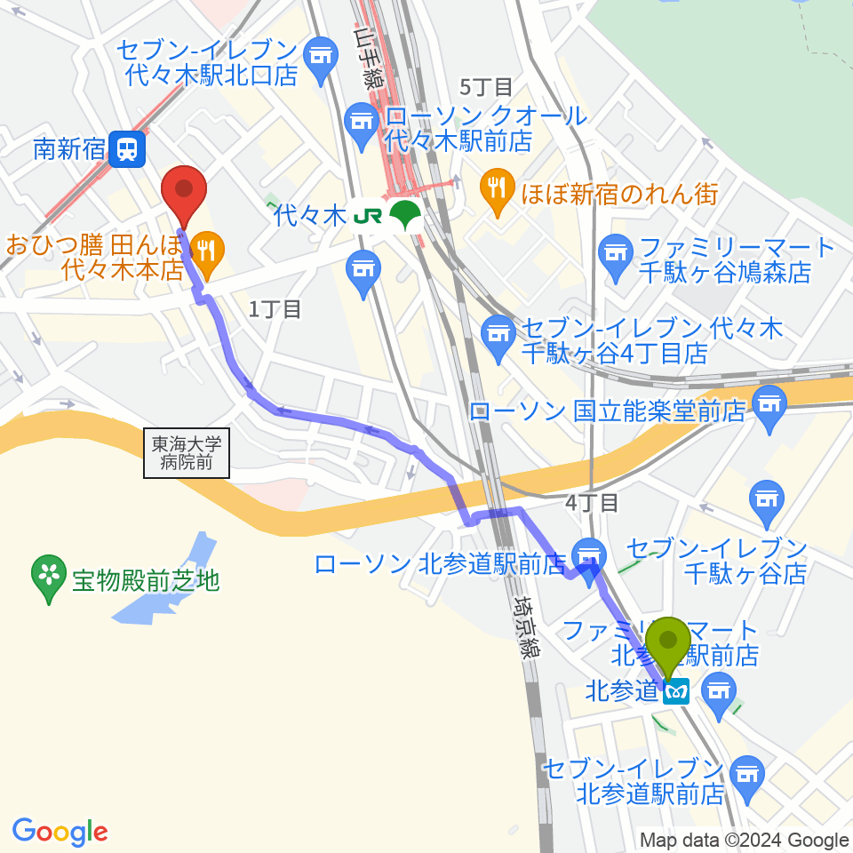 北参道駅から代々木アルティカセブンへのルートマップ地図