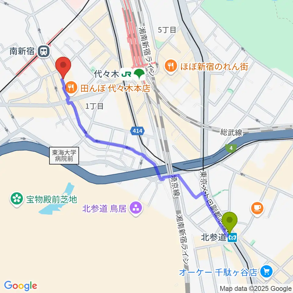 北参道駅から代々木アルティカセブンへのルートマップ地図