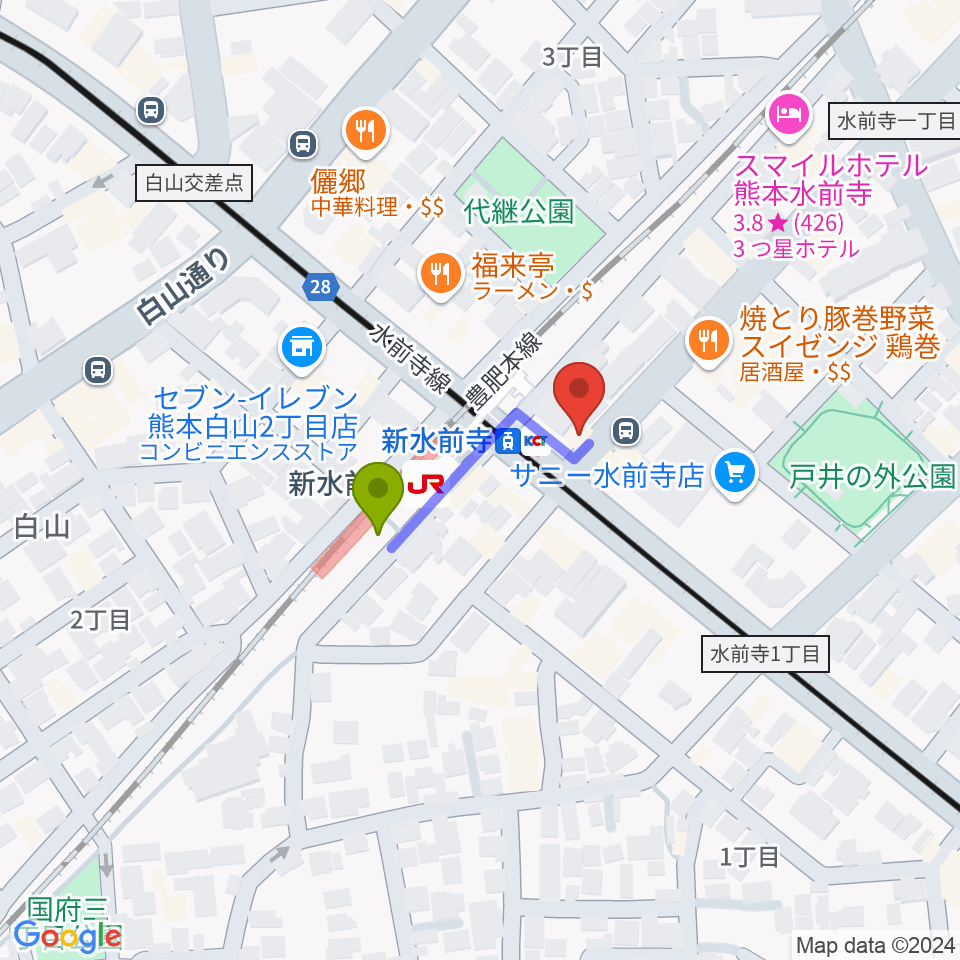 ムラヤマレコード水前寺本店の最寄駅新水前寺駅からの徒歩ルート（約2分）地図