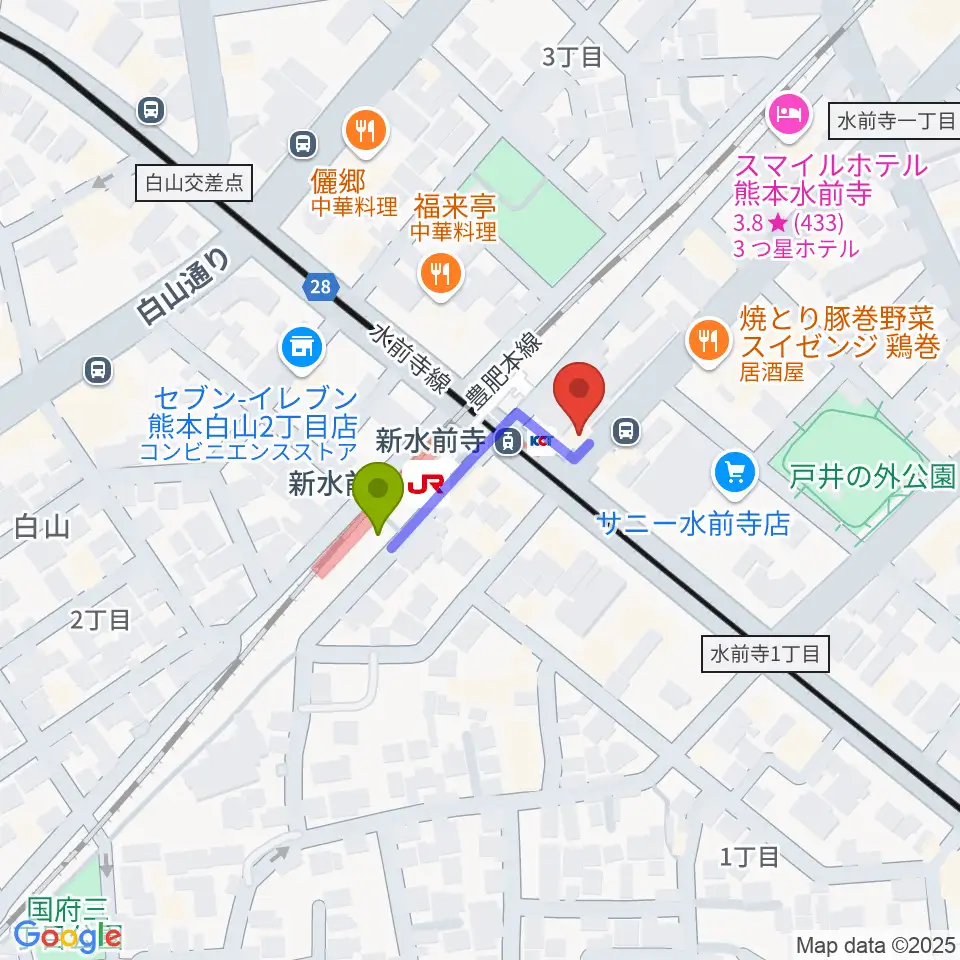 ムラヤマレコード水前寺本店の最寄駅新水前寺駅からの徒歩ルート（約2分）地図