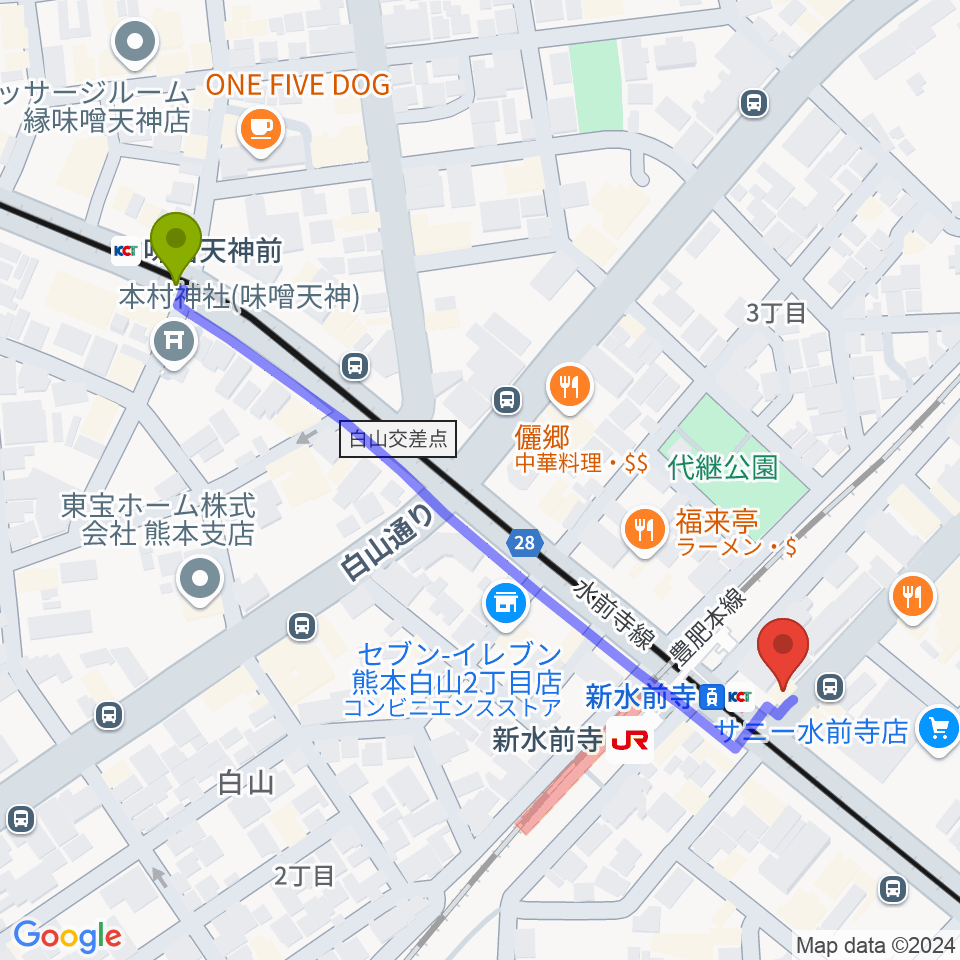味噌天神前駅からムラヤマレコード水前寺本店へのルートマップ地図
