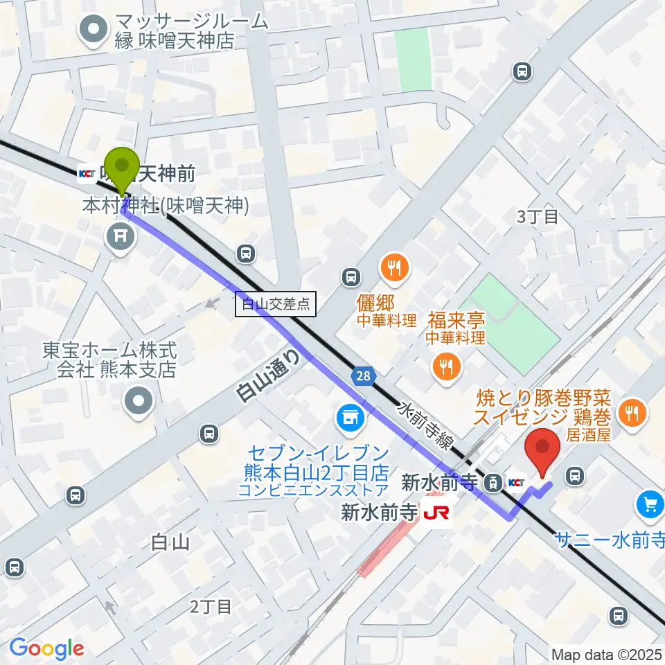 味噌天神前駅からムラヤマレコード水前寺本店へのルートマップ地図