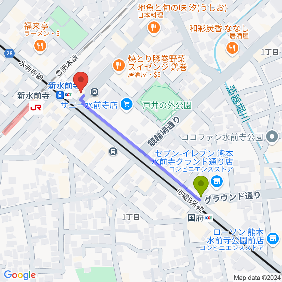 国府駅からムラヤマレコード水前寺本店へのルートマップ地図