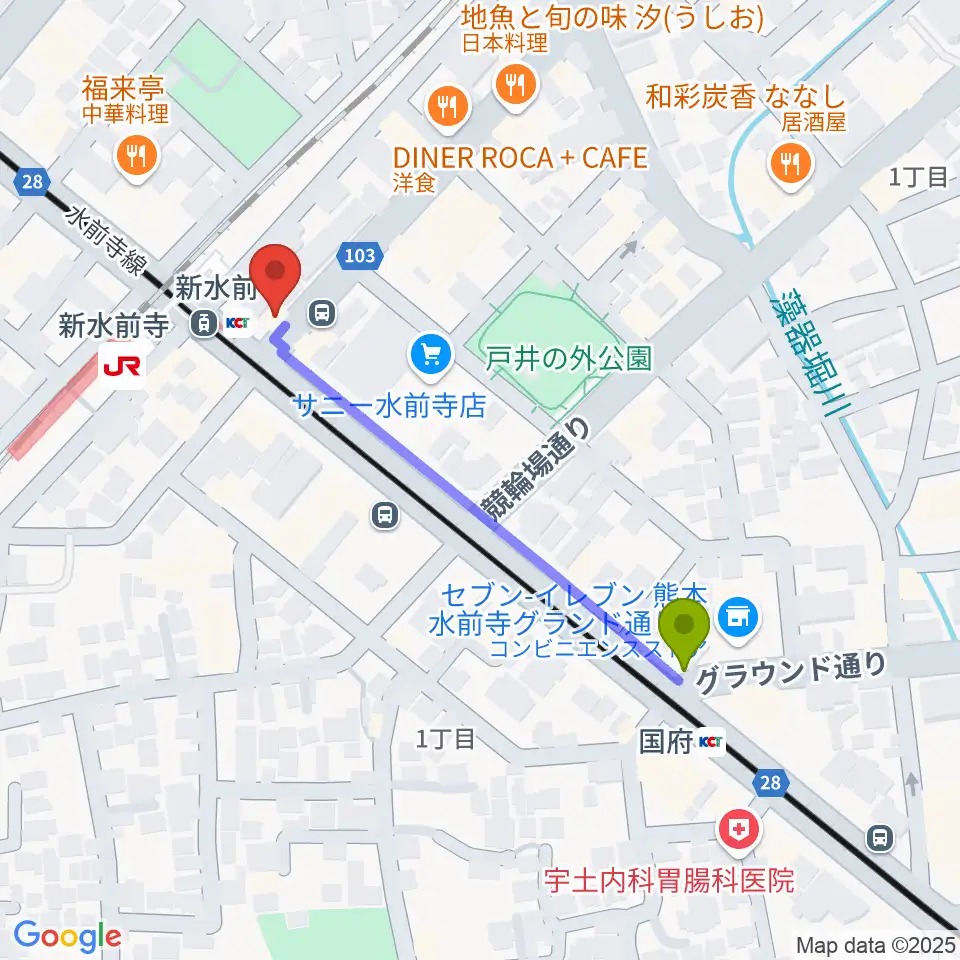 国府駅からムラヤマレコード水前寺本店へのルートマップ地図