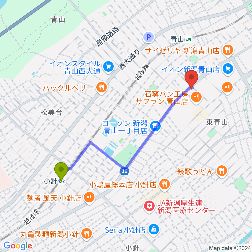 小針駅から青山リハーサルスタジオ新潟店へのルートマップ地図