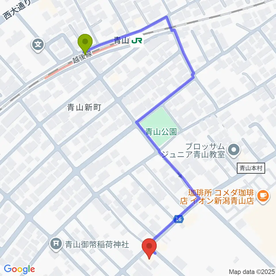 青山リハーサルスタジオ新潟店の最寄駅青山駅からの徒歩ルート（約6分）地図