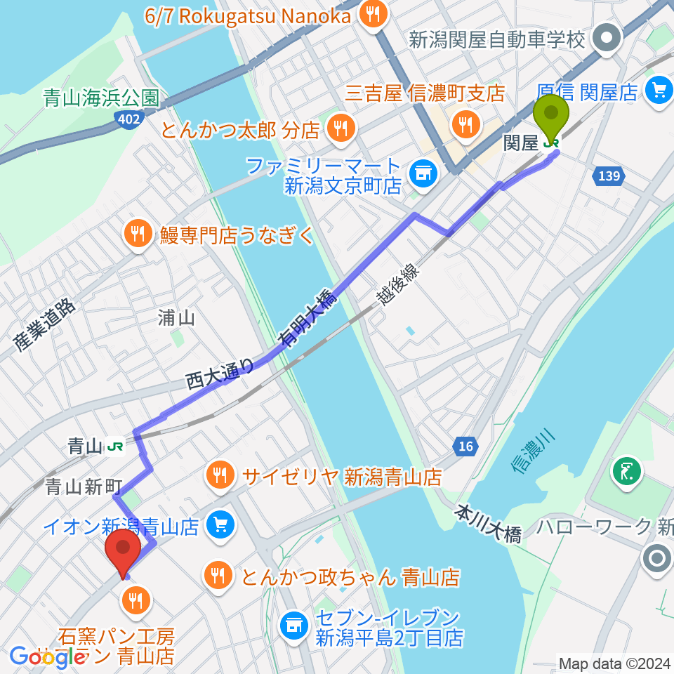 関屋駅から青山リハーサルスタジオ新潟店へのルートマップ地図