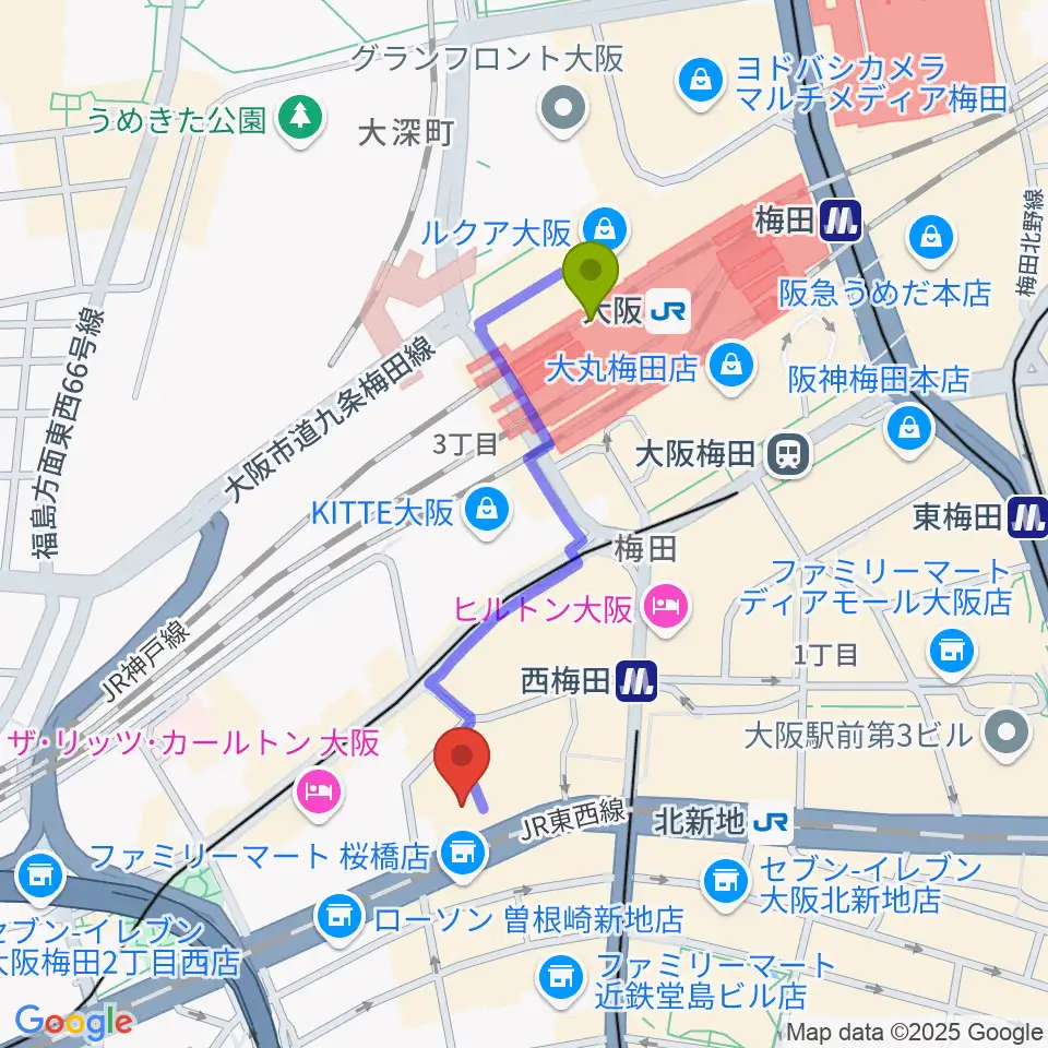 MIKIミュージックサロン西梅田ブリーゼブリーゼの最寄駅大阪駅からの徒歩ルート（約8分）地図