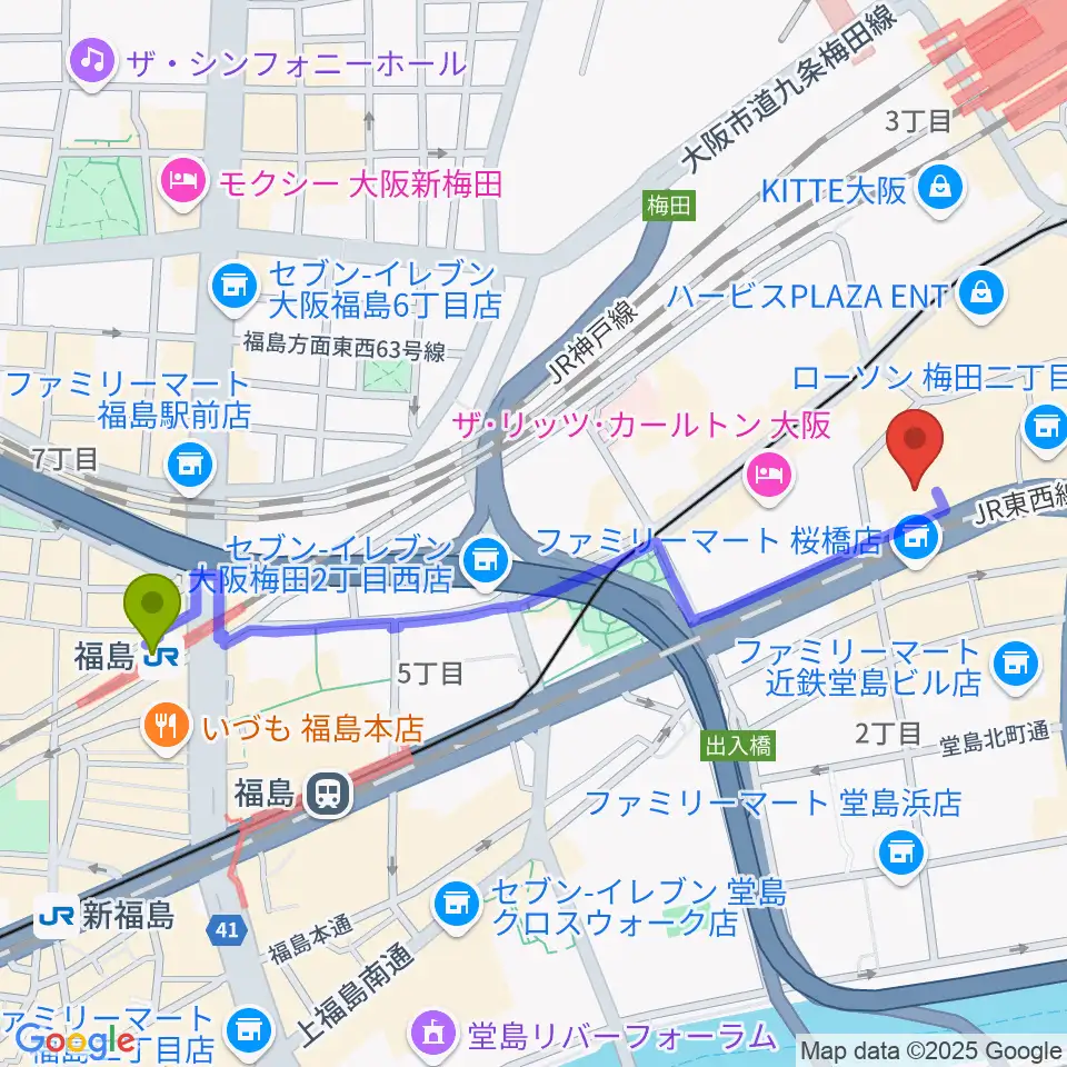 福島駅からMIKIミュージックサロン西梅田ブリーゼブリーゼへのルートマップ地図