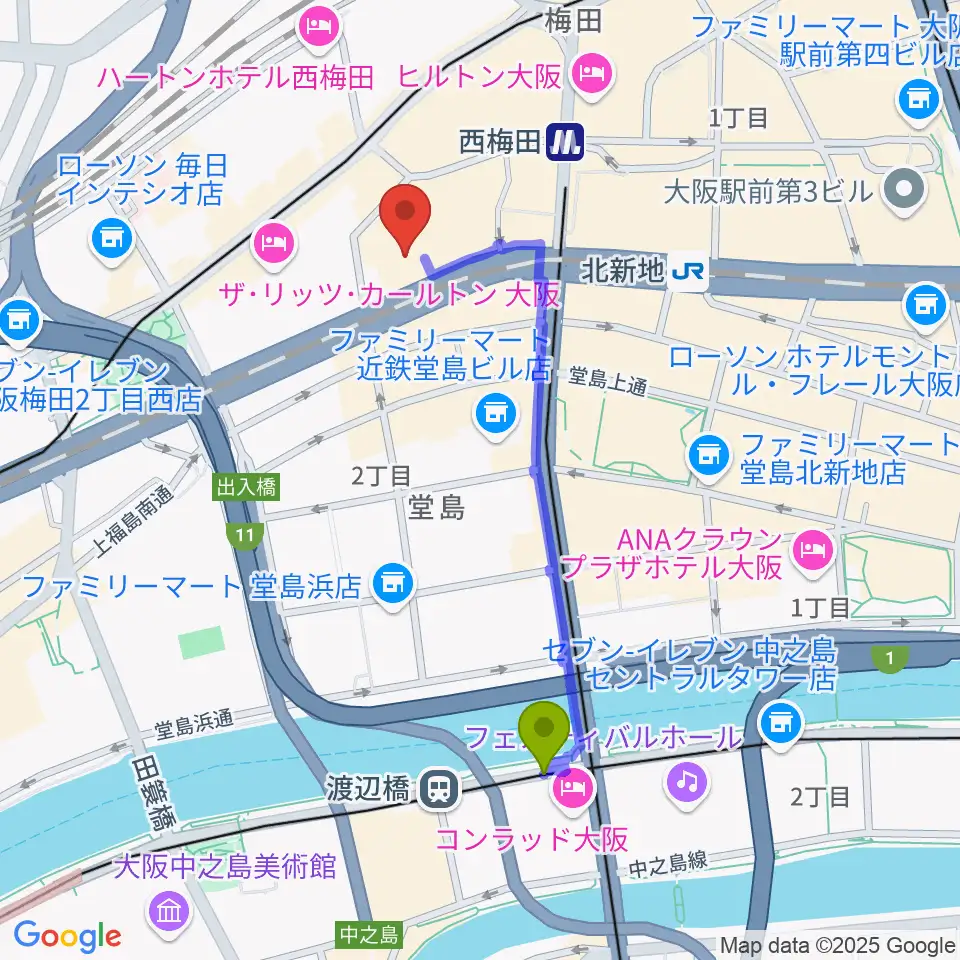 渡辺橋駅からMIKIミュージックサロン西梅田ブリーゼブリーゼへのルートマップ地図