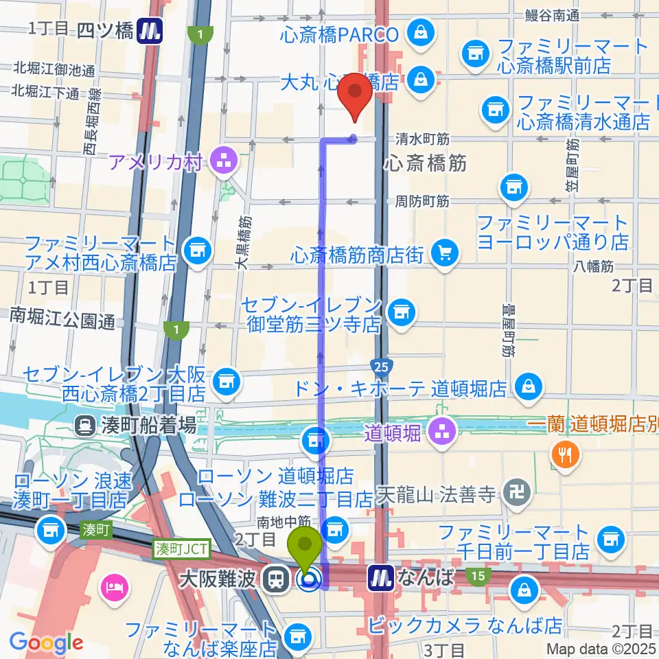 大阪難波駅からMIKIミュージックサロン心斎橋へのルートマップ地図
