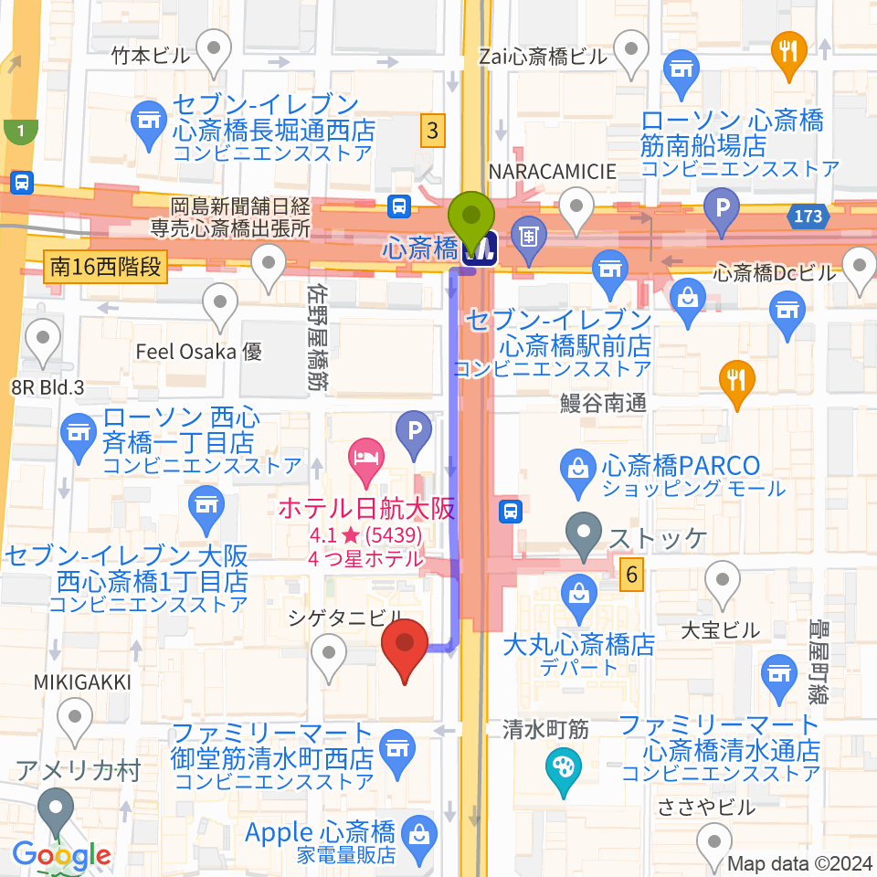 MIKIミュージックサロン心斎橋の最寄駅心斎橋駅からの徒歩ルート（約4分）地図