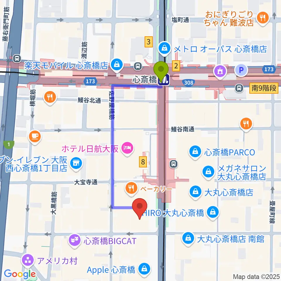 MIKIミュージックサロン心斎橋の最寄駅心斎橋駅からの徒歩ルート（約4分）地図