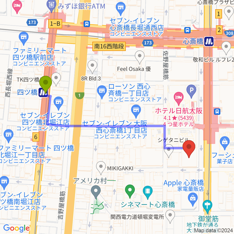 四ツ橋駅からMIKIミュージックサロン心斎橋へのルートマップ地図