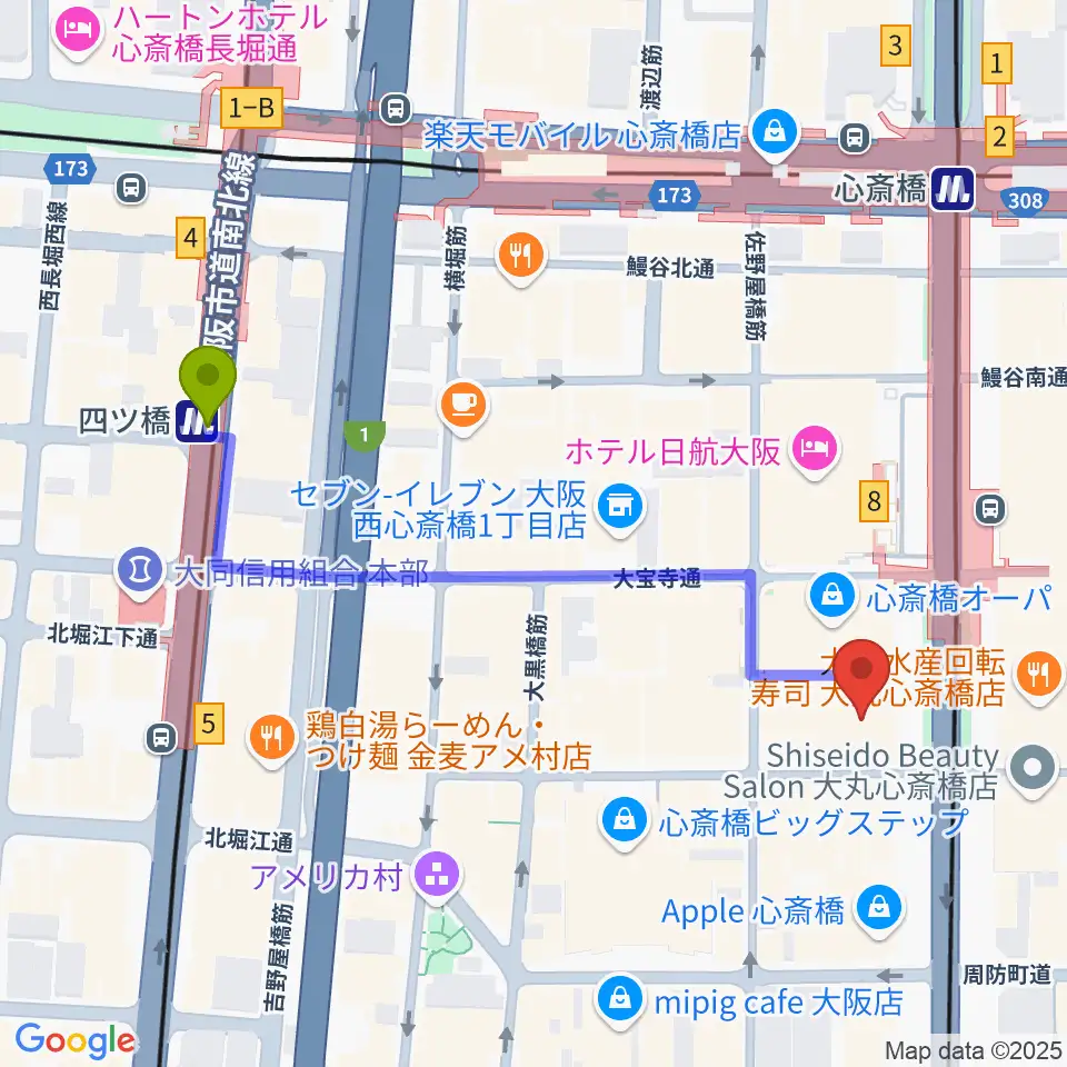 四ツ橋駅からMIKIミュージックサロン心斎橋へのルートマップ地図