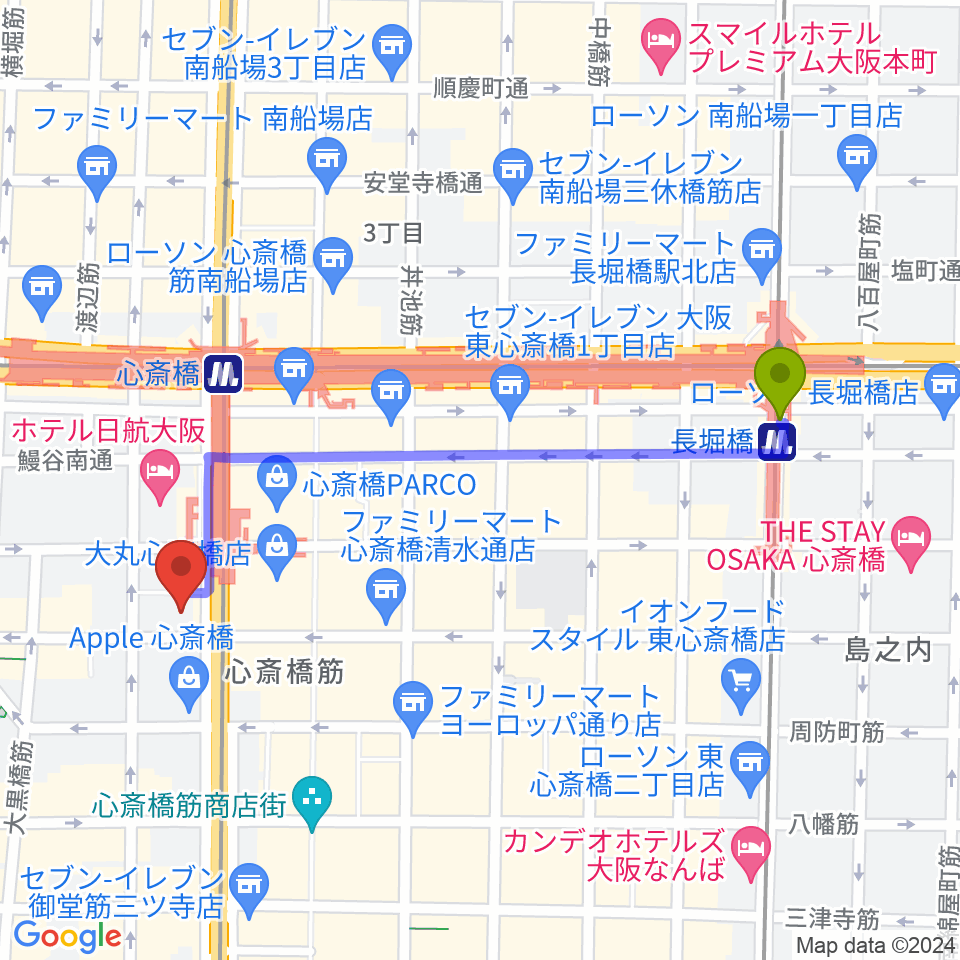 長堀橋駅からMIKIミュージックサロン心斎橋へのルートマップ地図