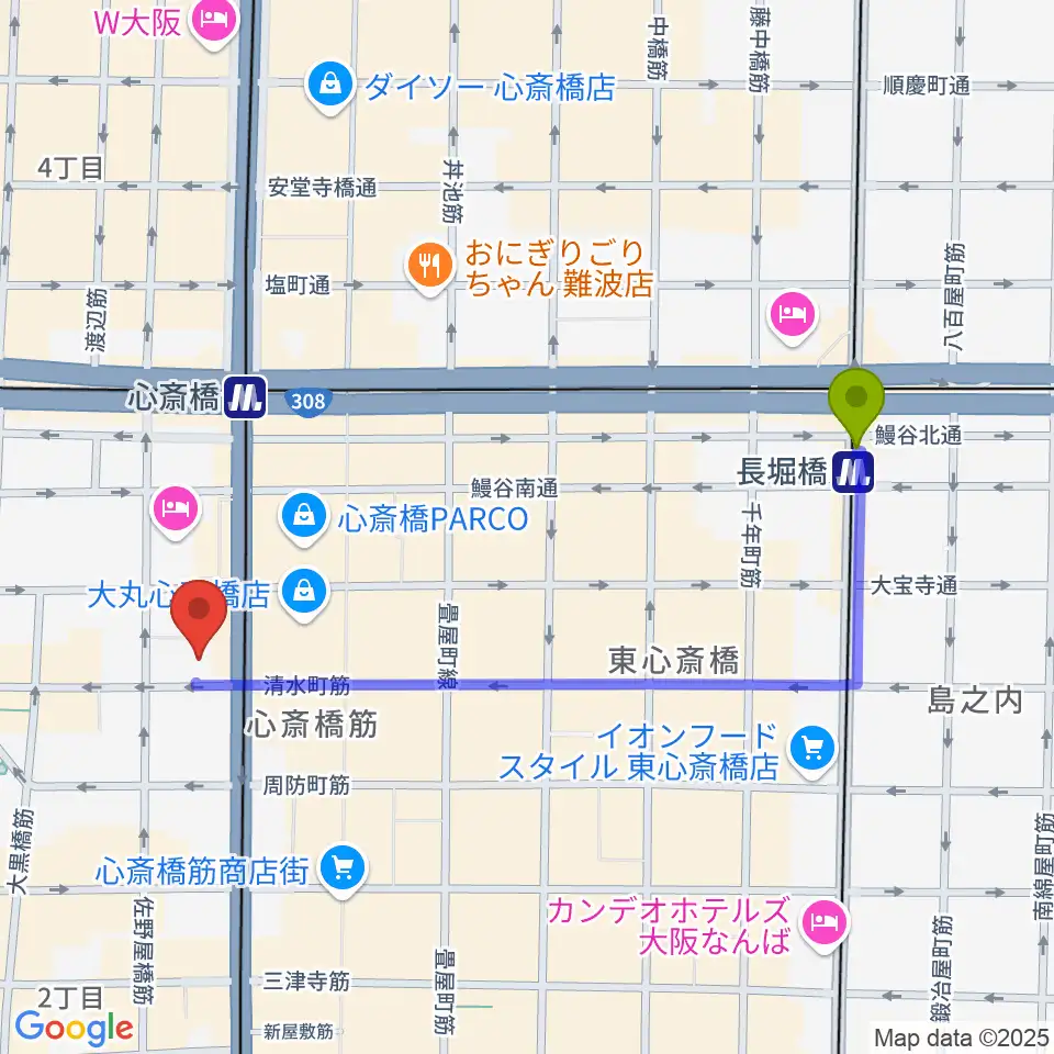 長堀橋駅からMIKIミュージックサロン心斎橋へのルートマップ地図