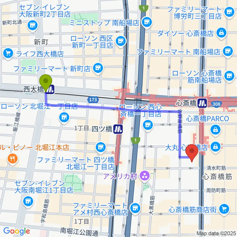 西大橋駅からMIKIミュージックサロン心斎橋へのルートマップ地図