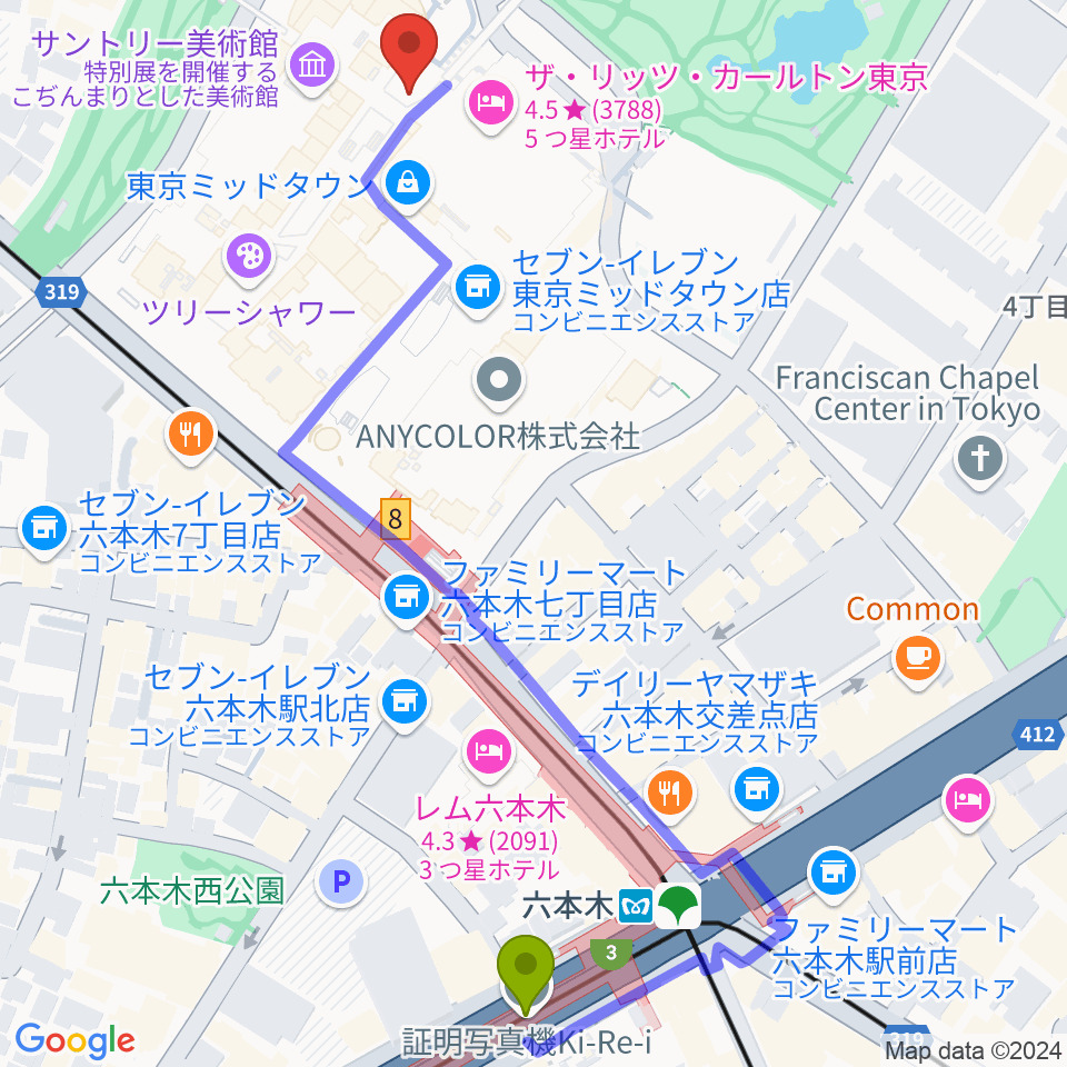 ビルボードライブ東京の最寄駅六本木駅からの徒歩ルート（約7分）地図