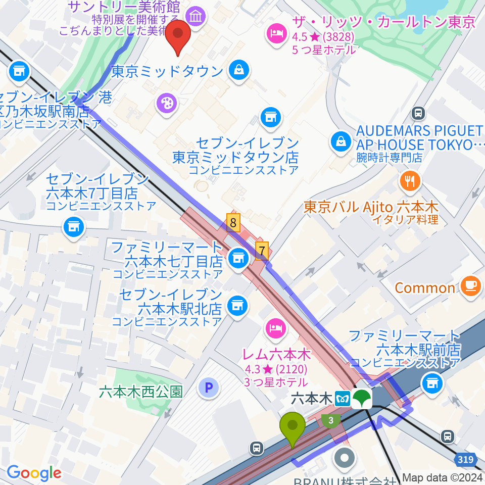 六本木駅からビルボードライブ東京へのルートマップ地図