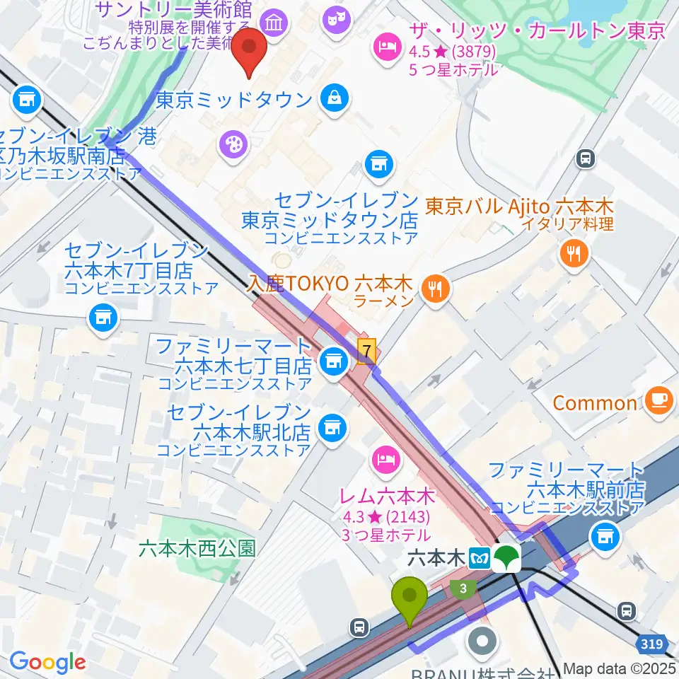 六本木駅からビルボードライブ東京へのルートマップ地図