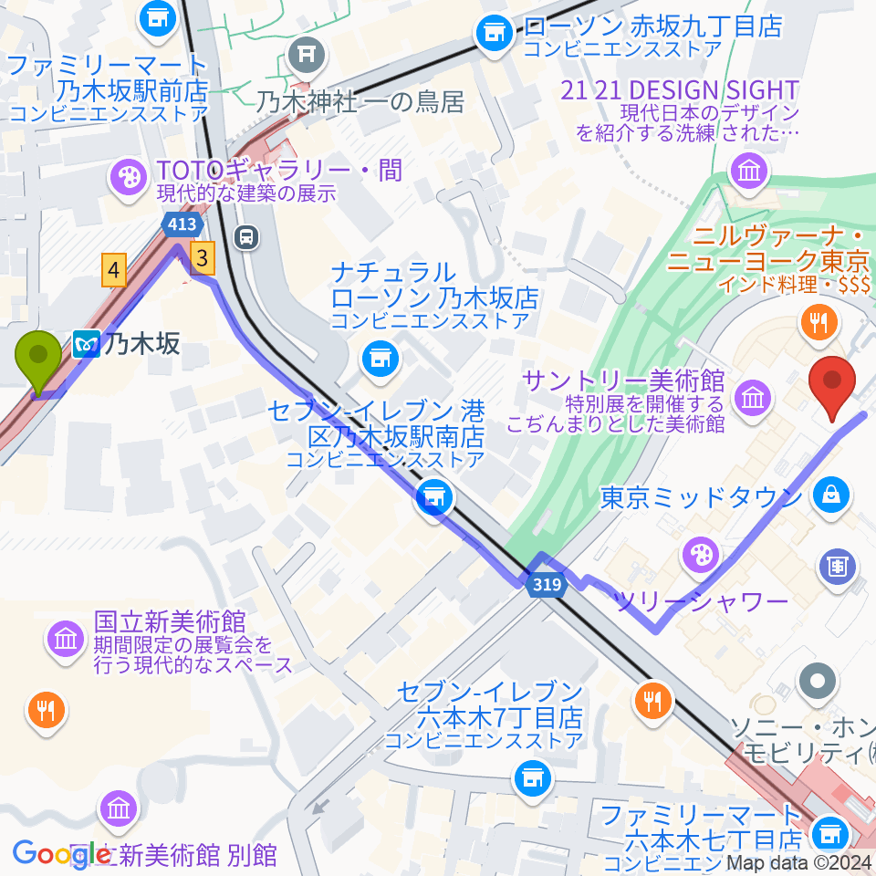 乃木坂駅からビルボードライブ東京へのルートマップ地図