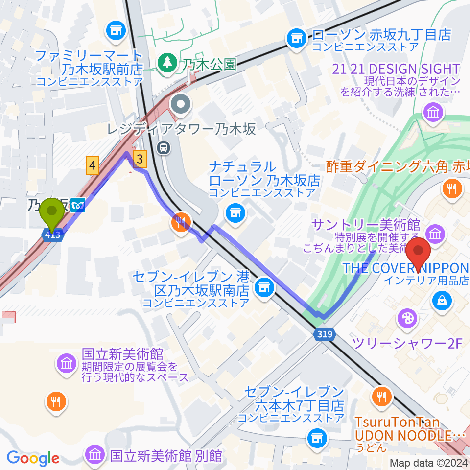 ビルボードライブ東京の最寄駅乃木坂駅からの徒歩ルート（約6分）地図