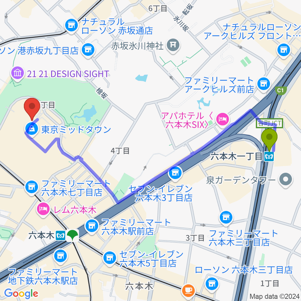 六本木一丁目駅からビルボードライブ東京へのルートマップ地図