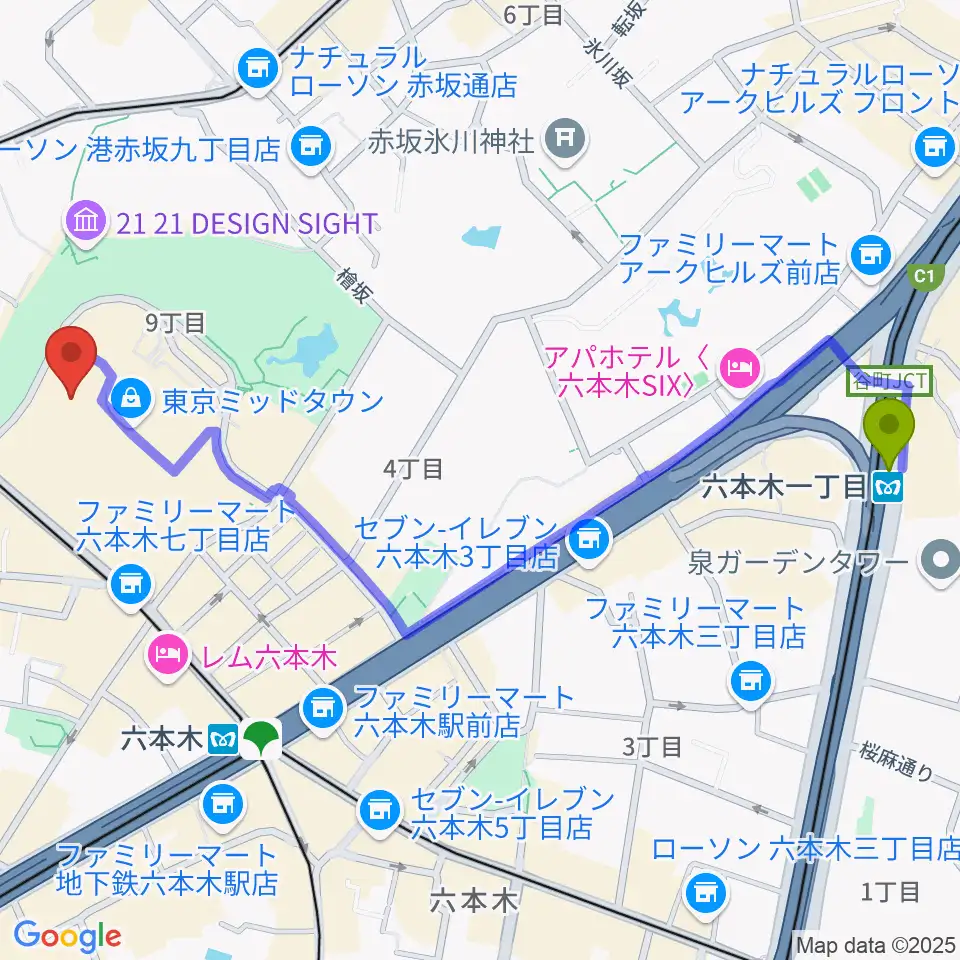 六本木一丁目駅からビルボードライブ東京へのルートマップ地図