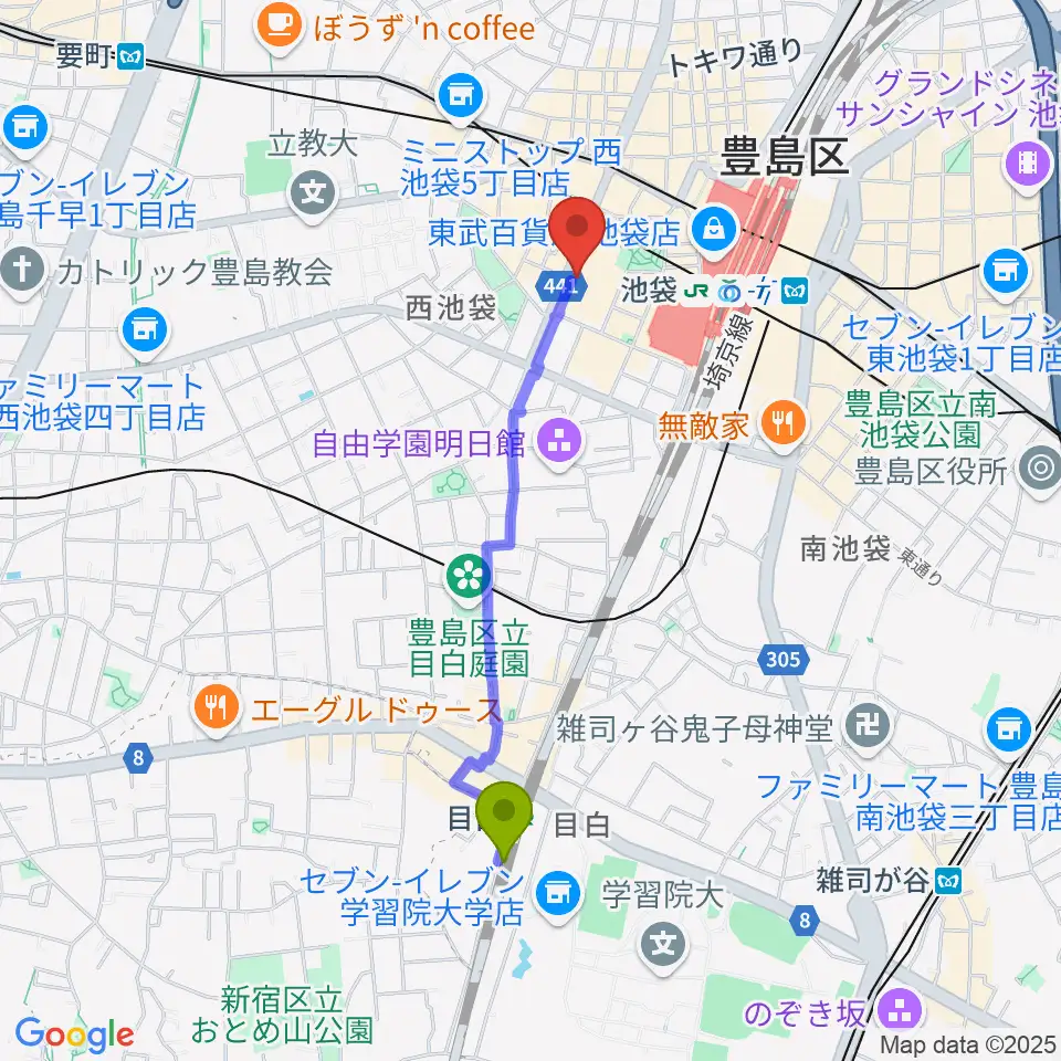 目白駅からミュージックスタジオ・フォルテ芸劇店へのルートマップ地図