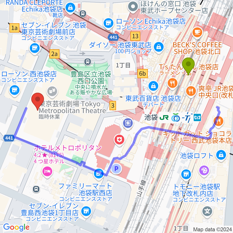 ミュージックスタジオ・フォルテ芸劇店の最寄駅池袋駅からの徒歩ルート（約5分）地図