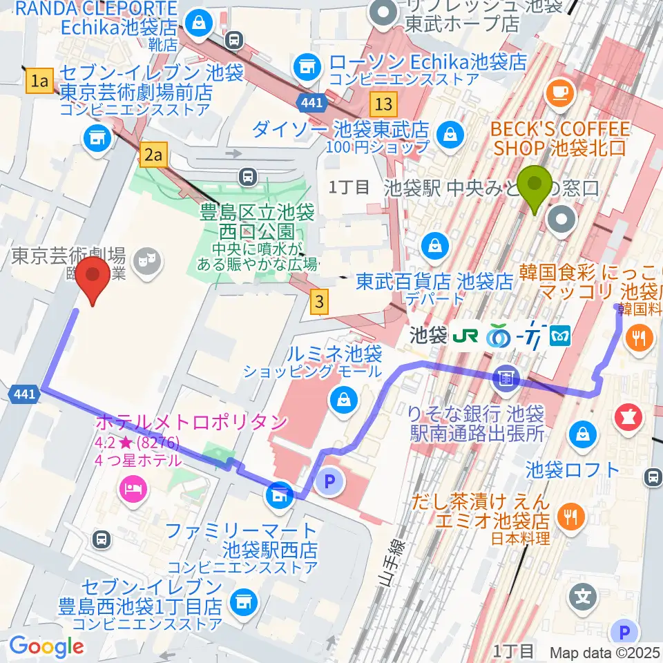 ミュージックスタジオ・フォルテ芸劇店の最寄駅池袋駅からの徒歩ルート（約5分）地図