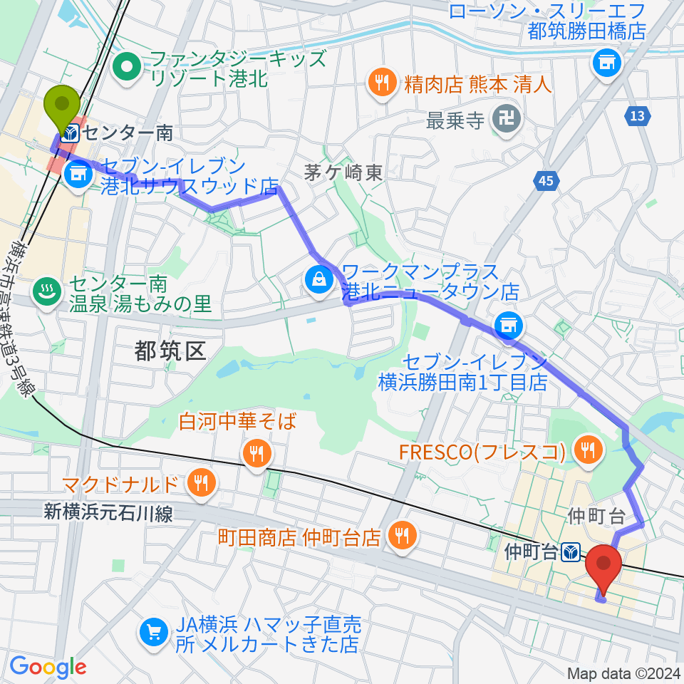 センター南駅からエルフラット仲町台アネックスへのルートマップ地図