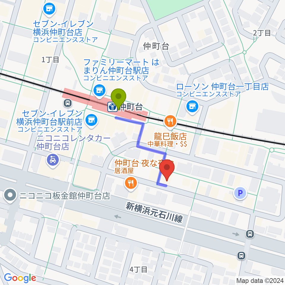 エルフラット仲町台アネックスの最寄駅仲町台駅からの徒歩ルート（約2分）地図